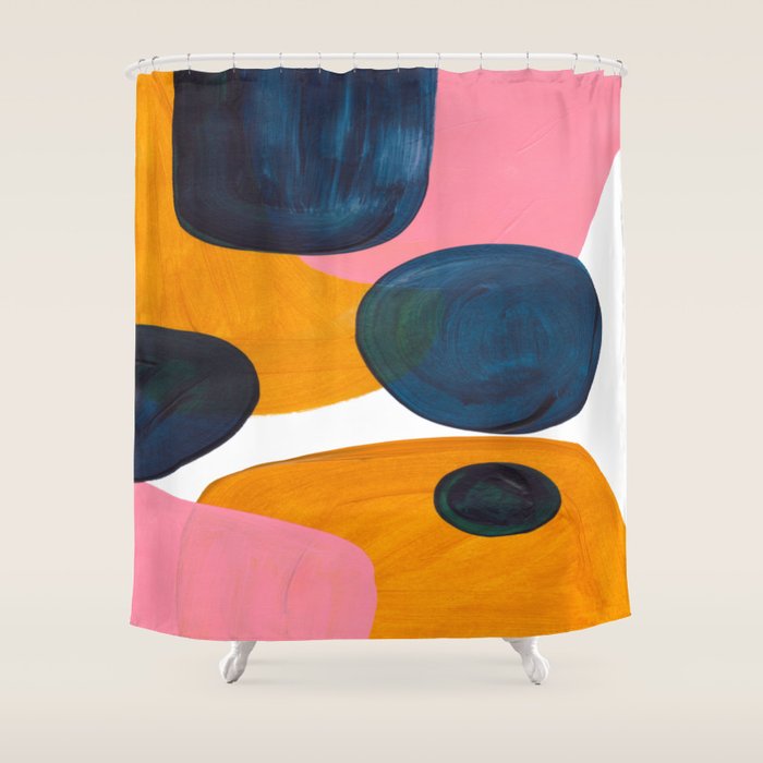 Mid Century Modern Abstract Minimalist Retro Vintage Style Pink Navy Blue Yellow Rollie Pollie Ollie Shower Curtain