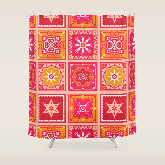 Talavera Mexican Tile - Hot Pink & Orange Palette Shower Curtain
