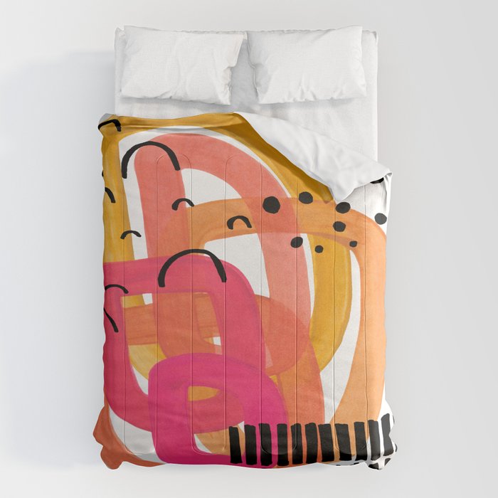 Modern Mid Century Fun Colorful Abstract Minimalist Painting Ombre Yellow Magenta Infinity Circles Comforter