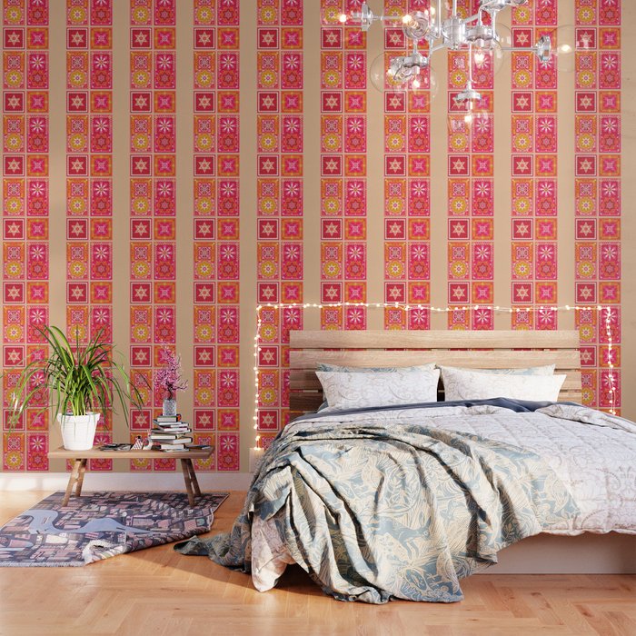 Talavera Mexican Tile - Hot Pink & Orange Palette Wallpaper
