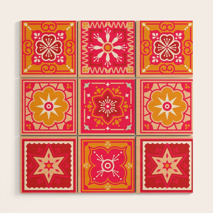 Talavera Mexican Tile - Hot Pink & Orange Palette Wood Wall Art