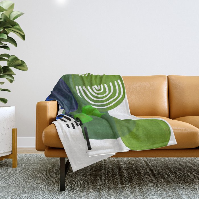 Modern Mid Century Fun Colorful Abstract Minimalist Painting Shapes & Patterns Swamp Monster Greens Throw Blanket