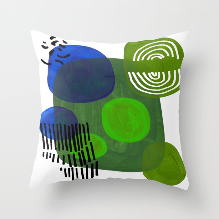 Modern Mid Century Fun Colorful Abstract Minimalist Painting Shapes & Patterns Swamp Monster Greens Throw Pillow