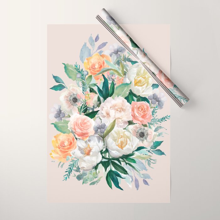 Pastel Flower Bouquet With Roses Wrapping Paper