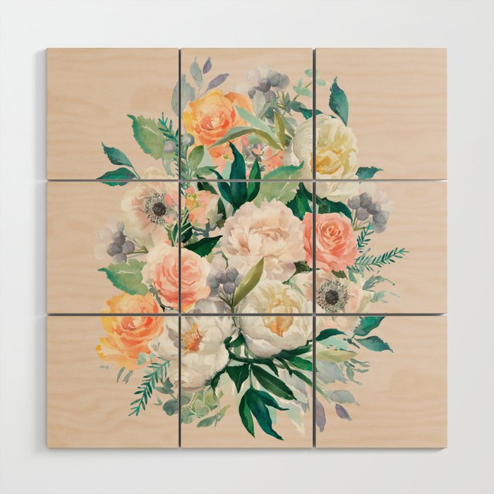 Pastel Flower Bouquet With Roses Wood Wall Art