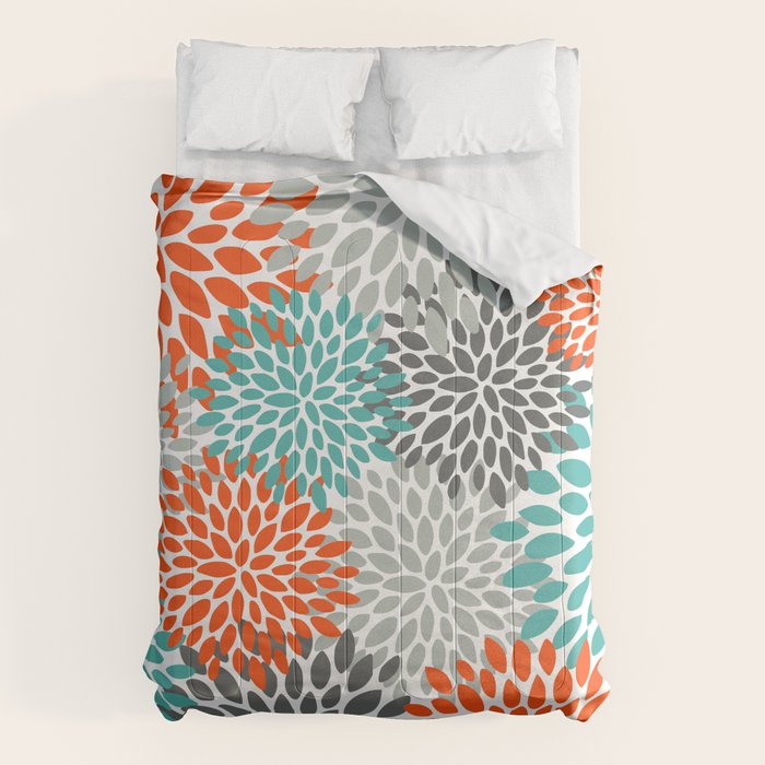 Floral Pattern, Abstract, Orange, Teal And Gray Comforter