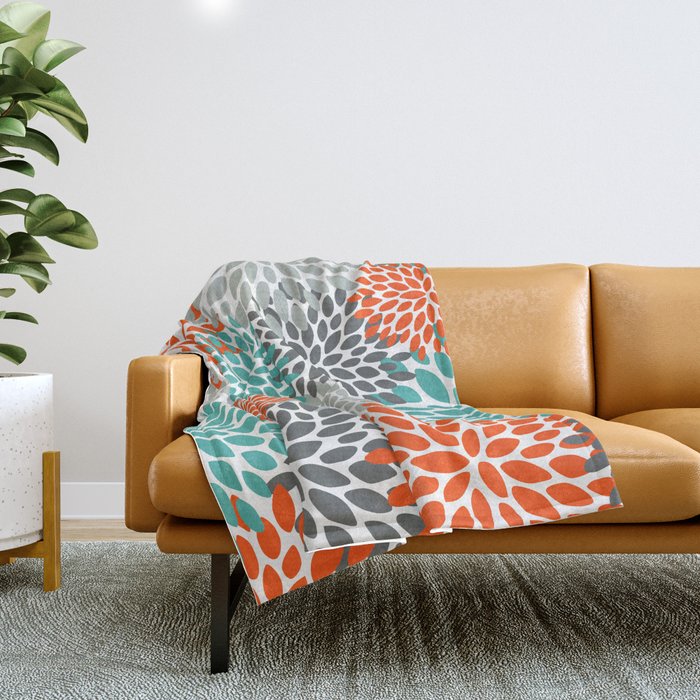 Floral Pattern, Abstract, Orange, Teal And Gray Throw Blanket