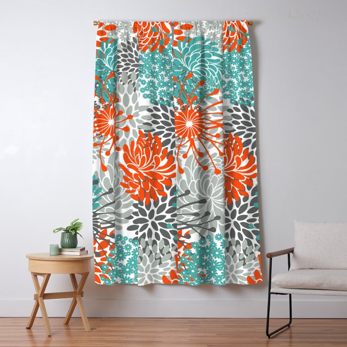 Orange And Teal Floral Abstract Print Window Curtain