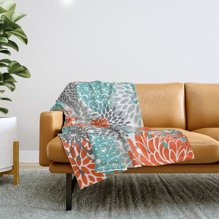 Orange And Teal Floral Abstract Print Throw Blanket