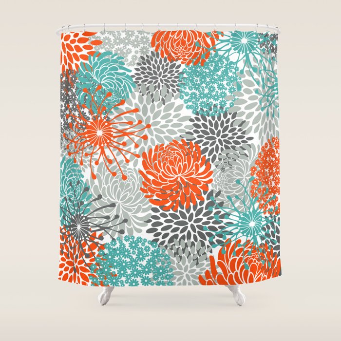 Orange And Teal Floral Abstract Print Shower Curtain
