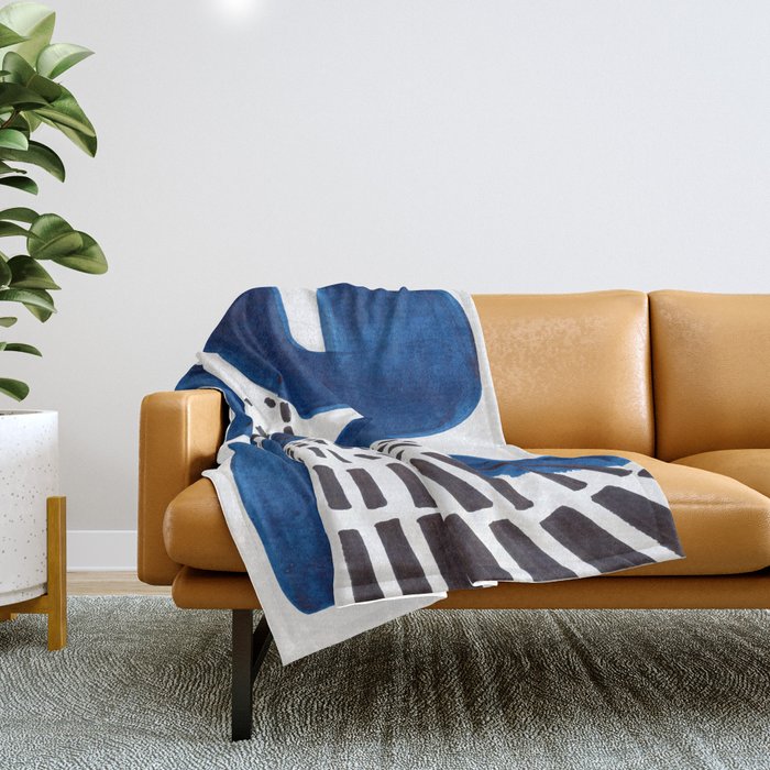Abstract Expressionism Mid Century Modern Acrylic Painting Minimalist Art Navy Blue Black Line Patte Throw Blanket