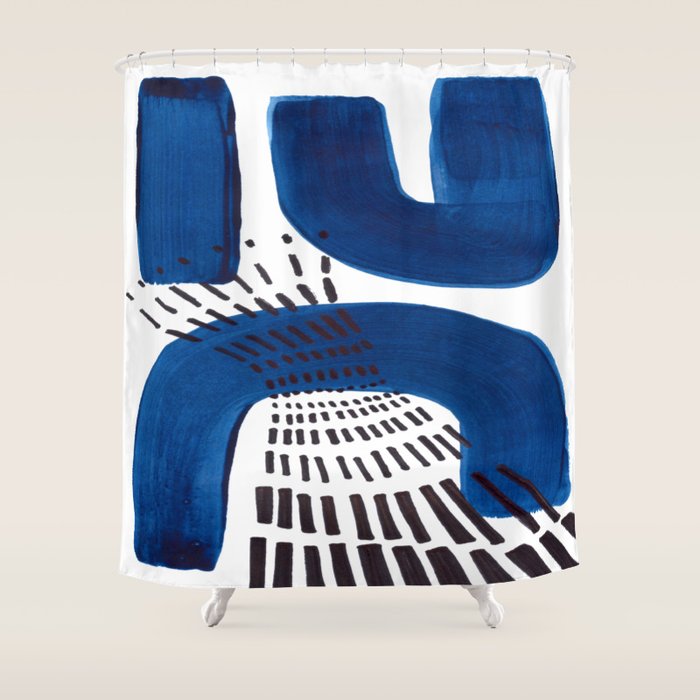 Abstract Expressionism Mid Century Modern Acrylic Painting Minimalist Art Navy Blue Black Line Patte Shower Curtain