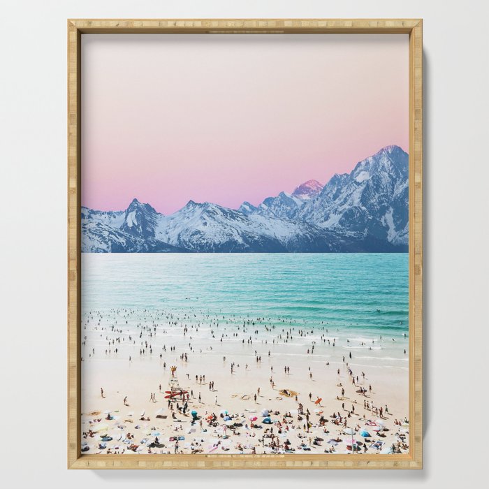 The Island, Pastel Tropical Beach, Travel Nature Landscape, Surrealism Photography Summer Serving Tray
