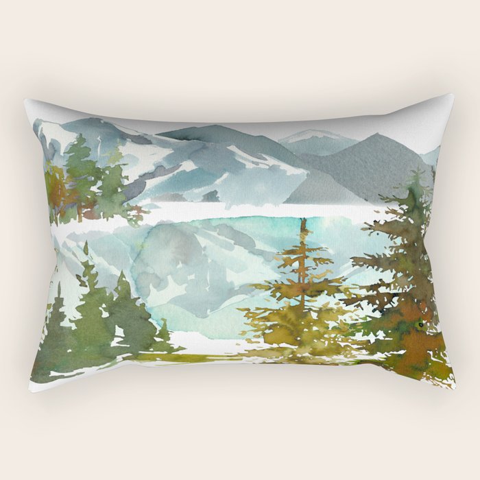 Forest Green Teal Blue Watercolor Hand Painted Landscape Rectangular Pillow