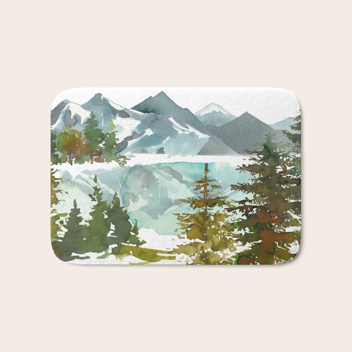Forest Green Teal Blue Watercolor Hand Painted Landscape Bath Mat