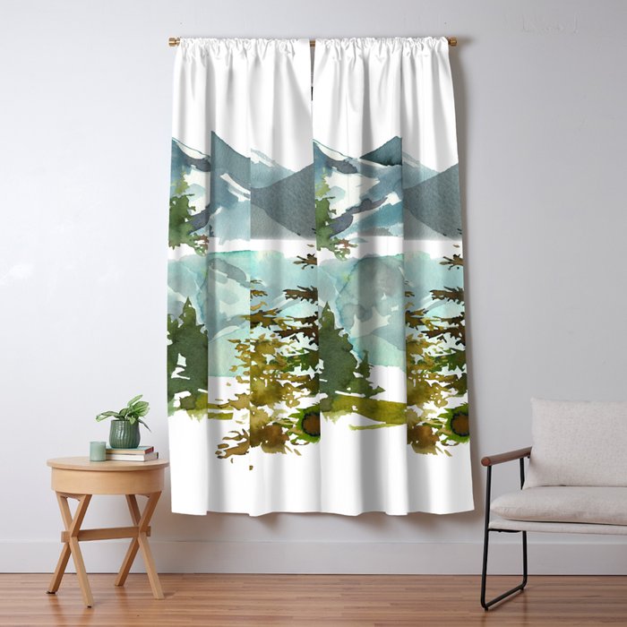 Forest Green Teal Blue Watercolor Hand Painted Landscape Window Curtain