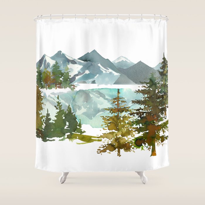 Forest Green Teal Blue Watercolor Hand Painted Landscape Shower Curtain