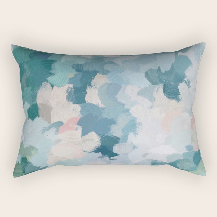 Flowers In The Wind I - Mint Green Sky Blue Teal Blush Pink Abstract Nature Spring Blossom Painting Rectangular Pillow