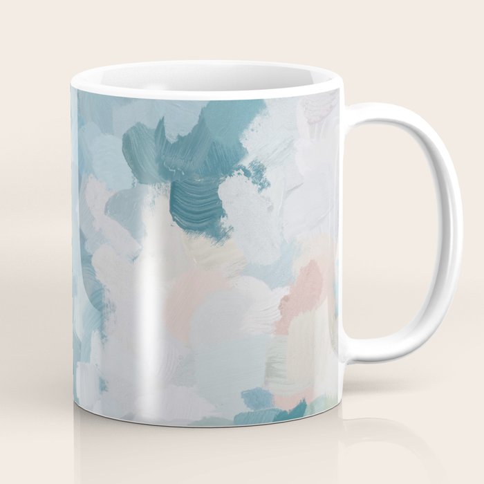 Flowers In The Wind I - Mint Green Sky Blue Teal Blush Pink Abstract Nature Spring Blossom Painting Coffee Mug