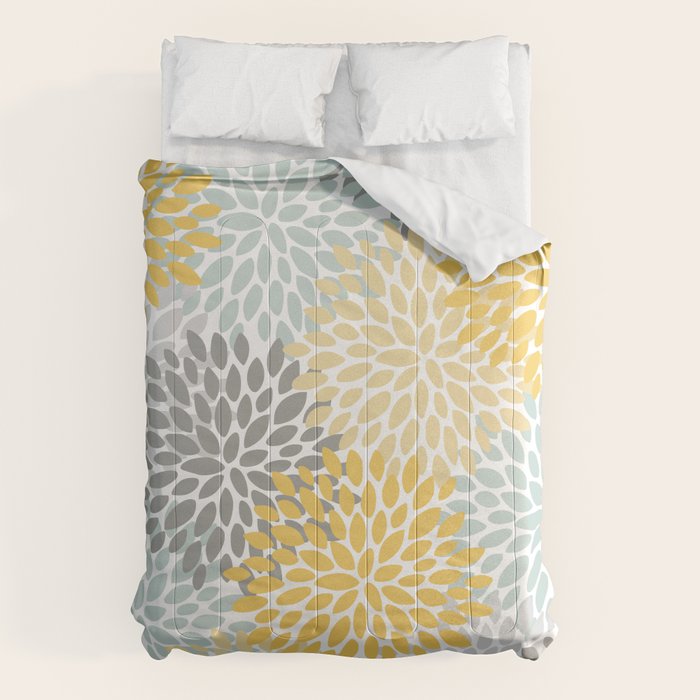 Floral Pattern, Yellow, Pale, Aqua And Gray Comforter