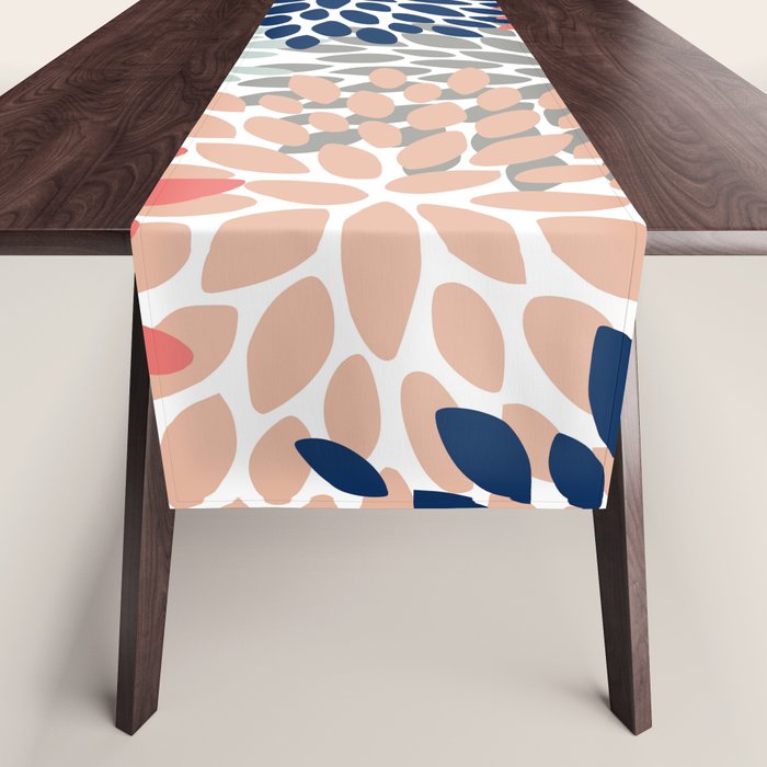 Floral Bloom Print, Living Coral, Pale Aqua Blue, Gray, Navy Table Runner