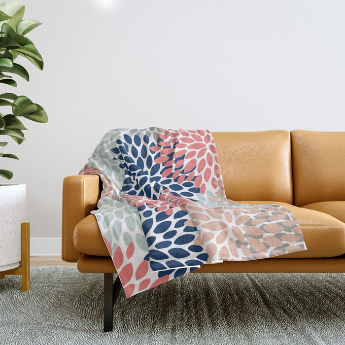 Floral Bloom Print, Living Coral, Pale Aqua Blue, Gray, Navy Throw Blanket