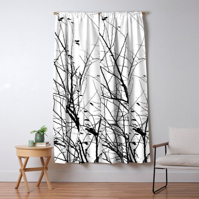 Black White Tree Branch Bird Nature Pattern Window Curtain