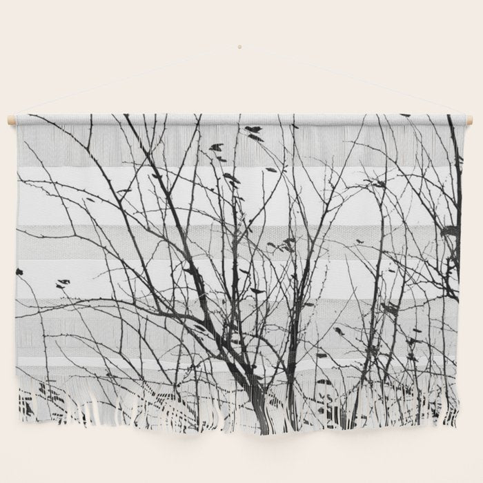 Black White Tree Branch Bird Nature Pattern Wall Hanging