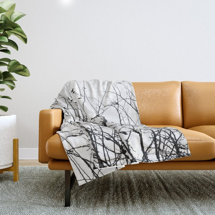 Black White Tree Branch Bird Nature Pattern Throw Blanket