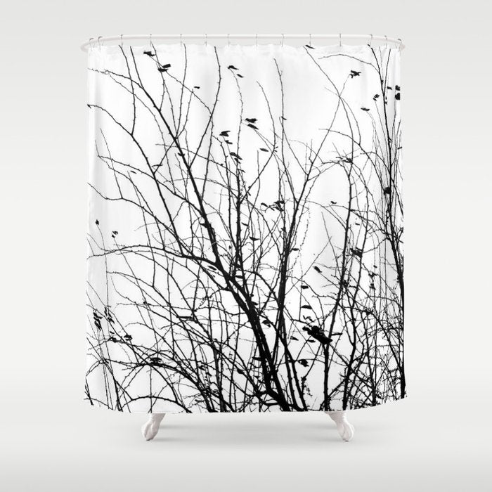 Black White Tree Branch Bird Nature Pattern Shower Curtain