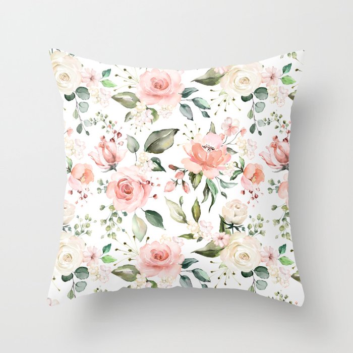 Sunny Floral Pastel Pink Watercolor Flower Pattern Throw Pillow