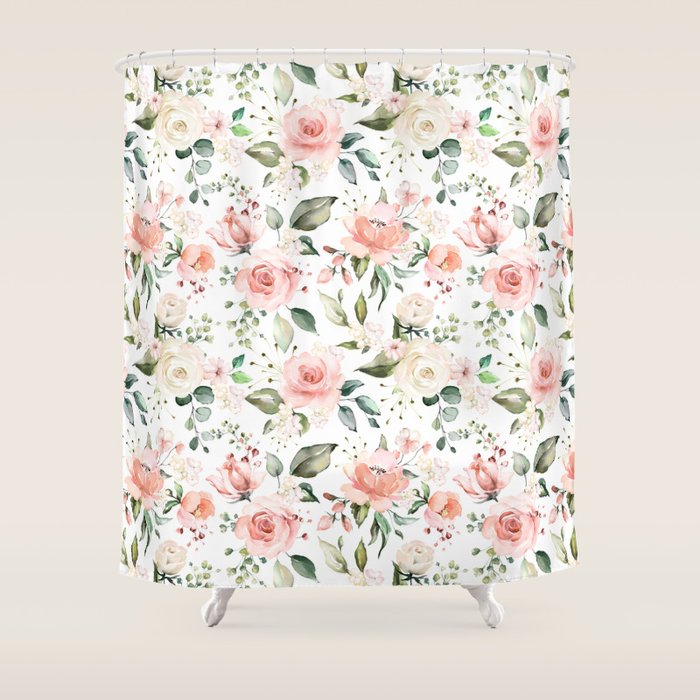Sunny Floral Pastel Pink Watercolor Flower Pattern Shower Curtain