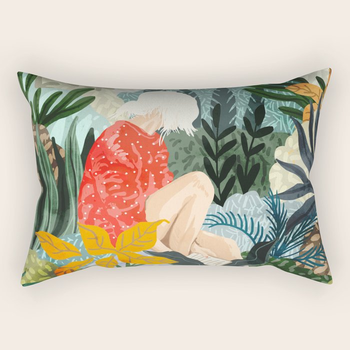 The Distracted Reader | Mindfulness Solo Travel | Bohemian Jungle Botanical Mood | Nature Book Lady Rectangular Pillow