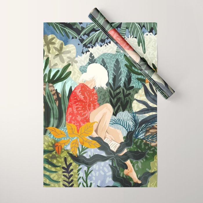 The Distracted Reader | Mindfulness Solo Travel | Bohemian Jungle Botanical Mood | Nature Book Lady Wrapping Paper