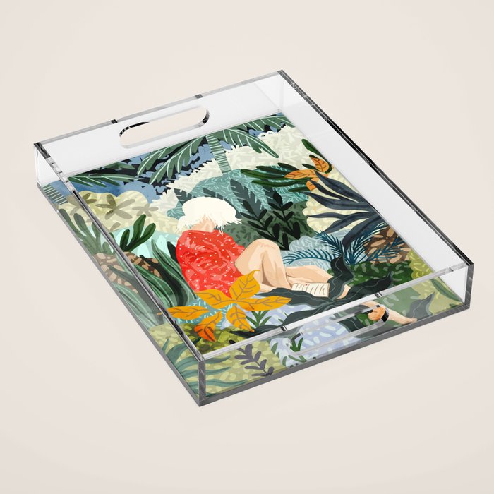 The Distracted Reader | Mindfulness Solo Travel | Bohemian Jungle Botanical Mood | Nature Book Lady Acrylic Tray