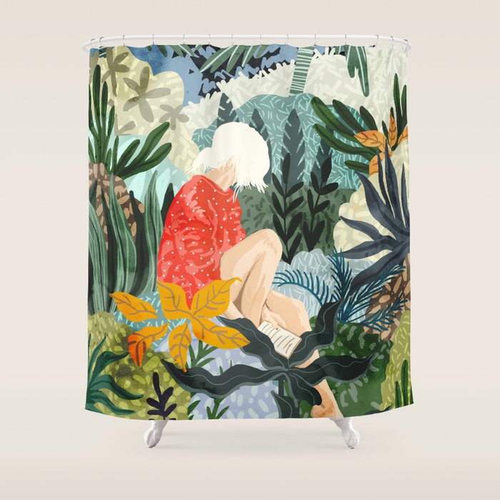 The Distracted Reader | Mindfulness Solo Travel | Bohemian Jungle Botanical Mood | Nature Book Lady Shower Curtain