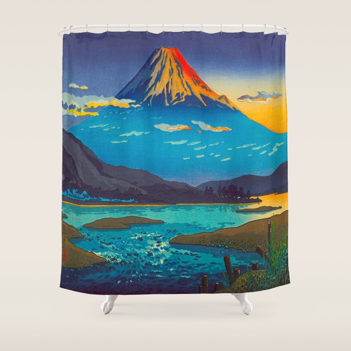 Tsuchiya Koitsu Tokaido Fujikawa Japanese Woodblock Print Sunset Colorful Hues Mountain Landscape Shower Curtain