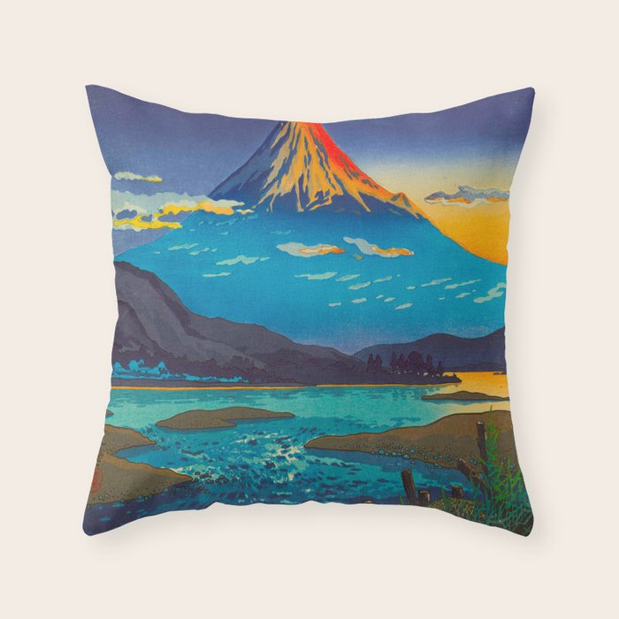 Tsuchiya Koitsu Tokaido Fujikawa Japanese Woodblock Print Sunset Colorful Hues Mountain Landscape Throw Pillow