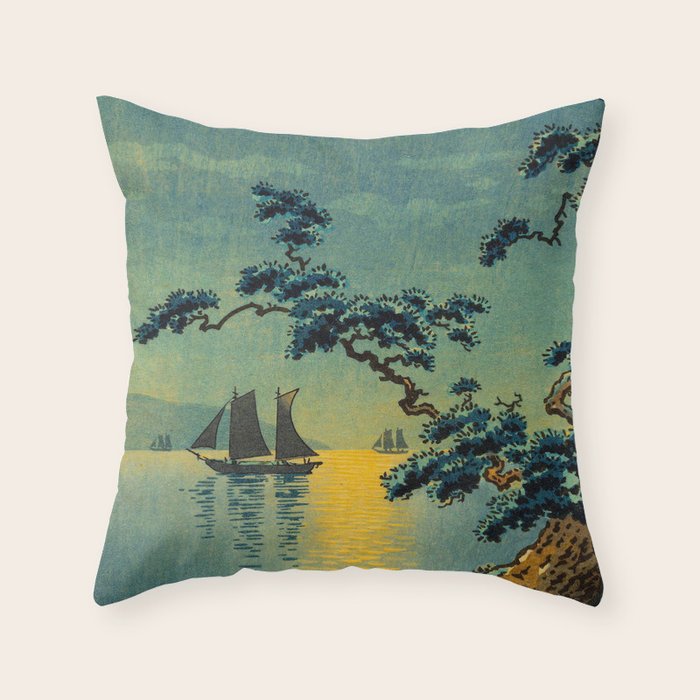 Tsuchiya Koitsu Maiko Seashore Japanese Woodblock Print Night Time Moon Over Ocean Sailboat Throw Pillow