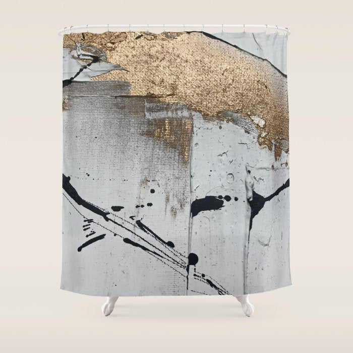 Still: An Abstract Mixed Media Piece In Black, White, And Gold By Alyssa Hamilton Art Shower Curtain