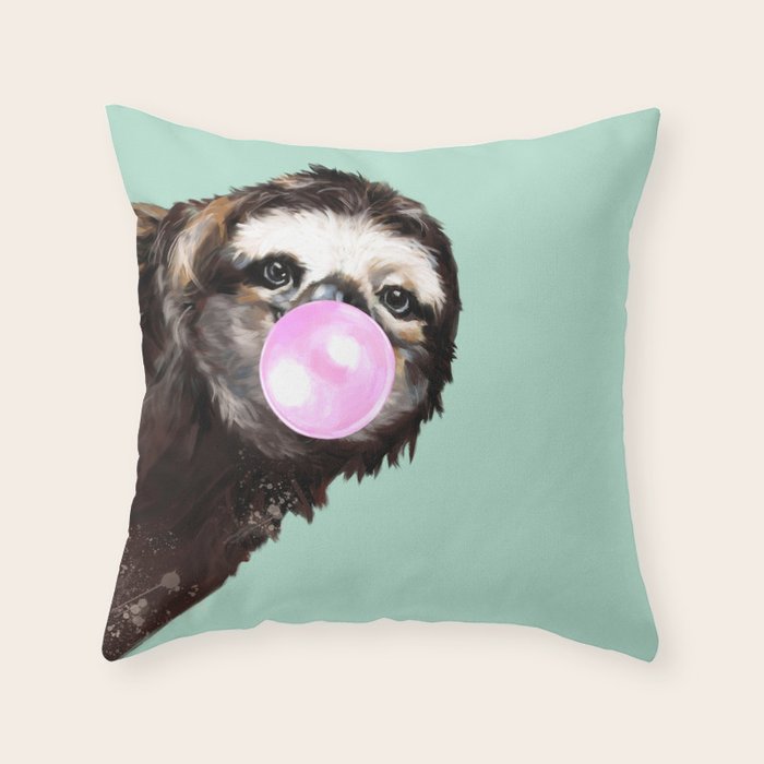Bubble Gum Sneaky Sloth In Green Throw Pillow