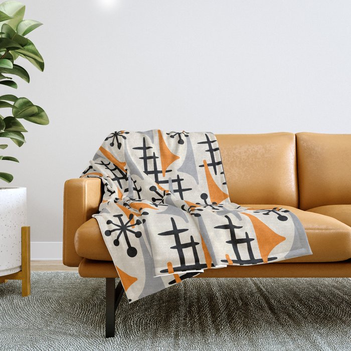 Retro 1950s Style Mid Century Modern Atomic Wing Pattern 834 Googie Orange And Gray Throw Blanket