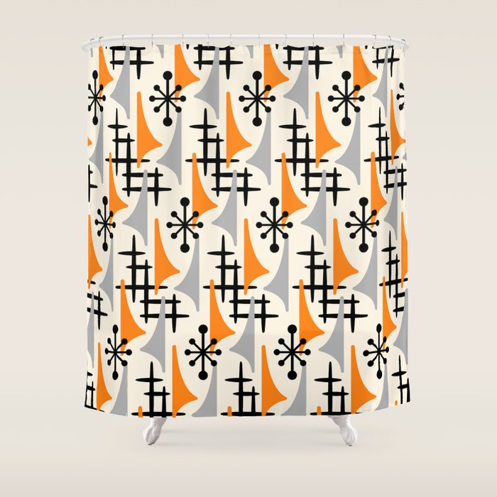 Retro 1950s Style Mid Century Modern Atomic Wing Pattern 834 Googie Orange And Gray Shower Curtain