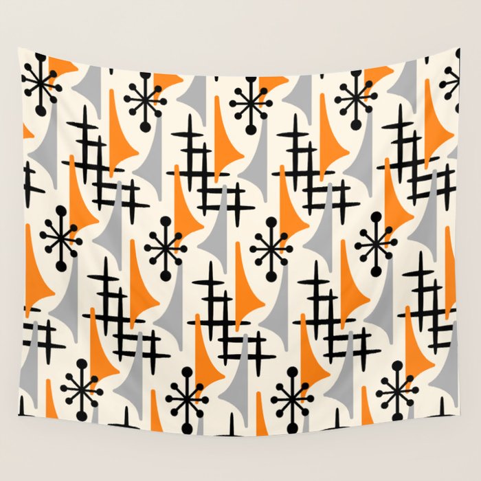 Retro 1950s Style Mid Century Modern Atomic Wing Pattern 834 Googie Orange And Gray Wall Tapestry