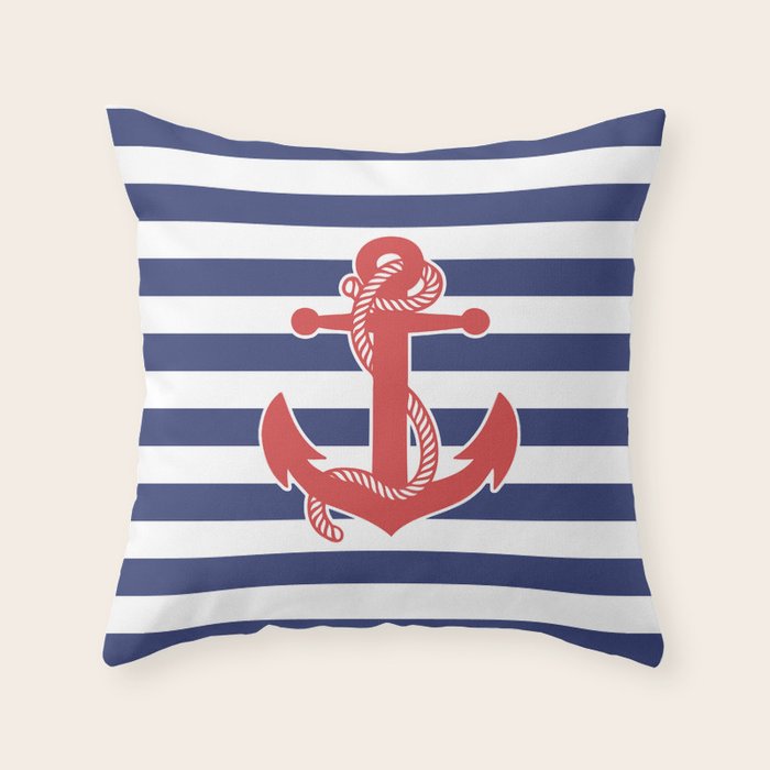 Retro Navy Anchor And Stripes Pattern 222 Red White And Blue Throw Pillow
