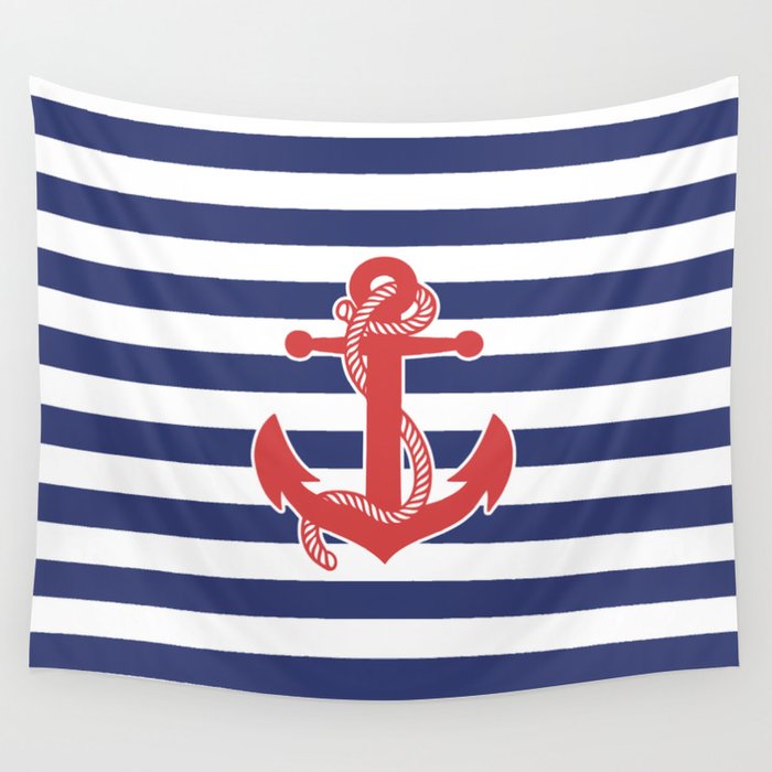 Retro Navy Anchor And Stripes Pattern 222 Red White And Blue Wall Tapestry