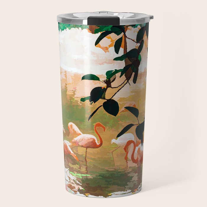 Flamingo Sighting, Jungle Nature Wildlife Birds Painting, Animals Forest Safari Illustration Travel Mug