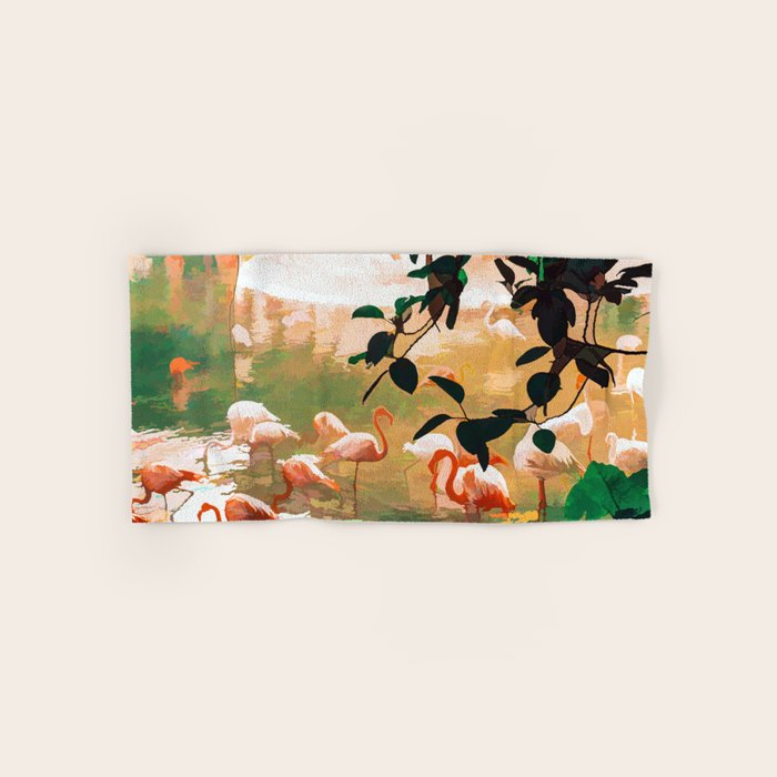 Flamingo Sighting, Jungle Nature Wildlife Birds Painting, Animals Forest Safari Illustration Bath Towel