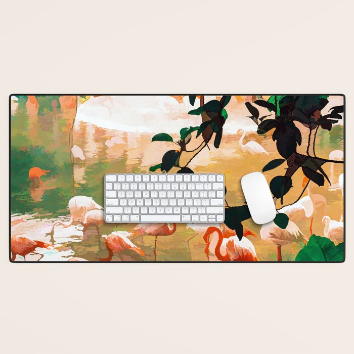 Flamingo Sighting, Jungle Nature Wildlife Birds Painting, Animals Forest Safari Illustration Desk Mat