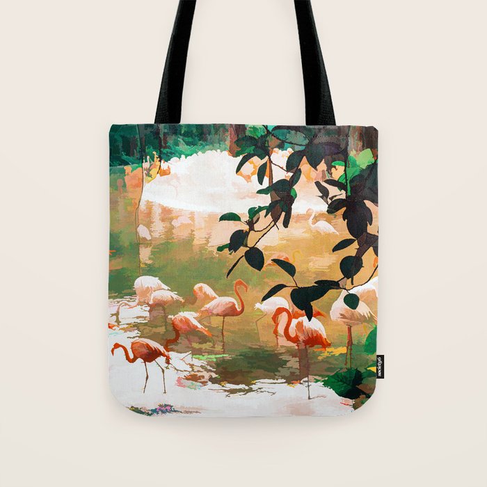 Flamingo Sighting, Jungle Nature Wildlife Birds Painting, Animals Forest Safari Illustration Tote Bag